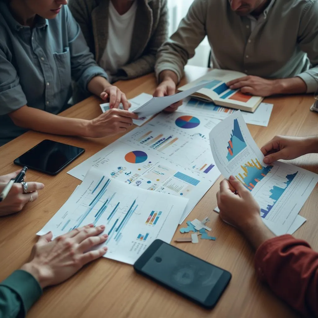 Reunión de equipo discutiendo métricas financieras
